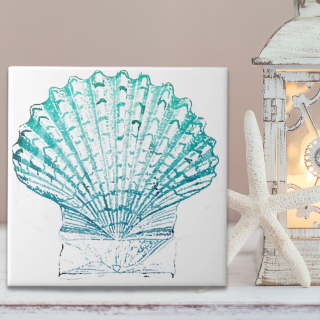 Azulejo moda costera azul verde azulado acuarela de sirena (coastal chic teal blue watercolor mermaid seashell ceramic tile)