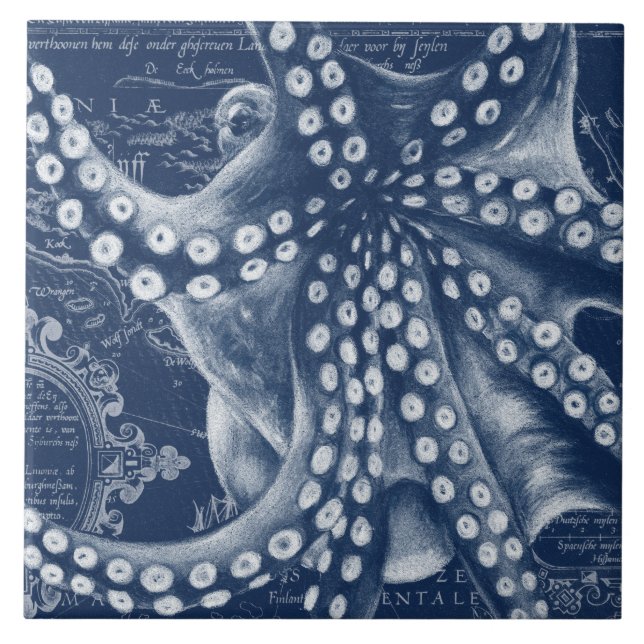 Azulejo Moda de mapa cosmético del pulpo azul (Frente)