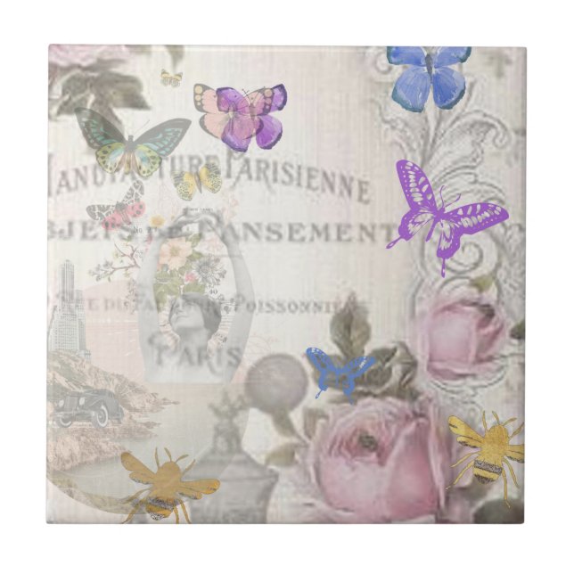 Azulejo Moda francesa, rústico rural, estampado floral, ro (Frente)
