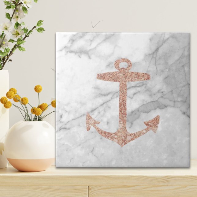Azulejo moda giratoria playa rosa ancla dorada mármol blan (girly chic beach rose gold anchor white marble ceramic tile)