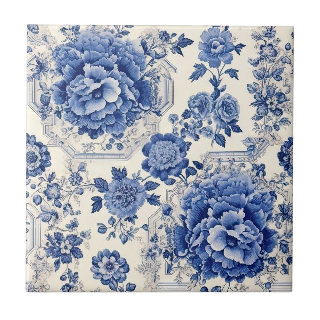 Azulejo Moda Monograma de tela de chinoiserie floral azul  (Frente)