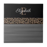Azulejo Moda Monograma Leopardo Imprimir<br><div class="desc">Impresión de leopardo de moda y bonito y baldosas decorativas rayadas en blanco y negro. Personalícelos con su nombre de monograma e inicial. Diseñado para ti por Blackberry Boulevard.</div>