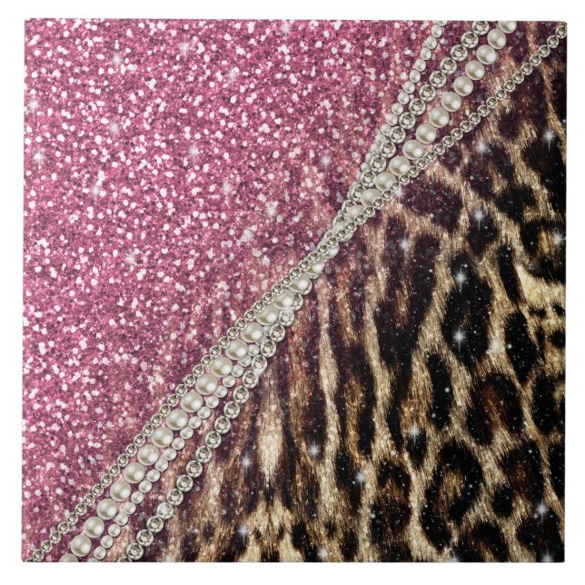Azulejo Moda Purpurina rosa de impresión de Leopardo Girly (Frente)