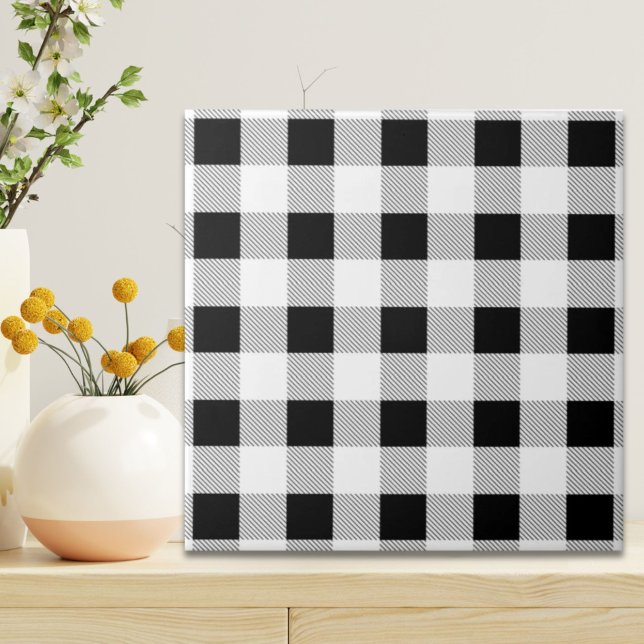 Azulejo moda rústica de granja de yeso negro y blanco (rustic farmhouse chic black and white plaid ceramic tile)