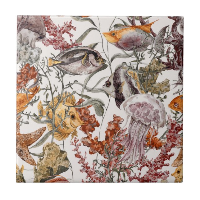 Azulejo Modelo 2 de la vida marina de la acuarela (Frente)