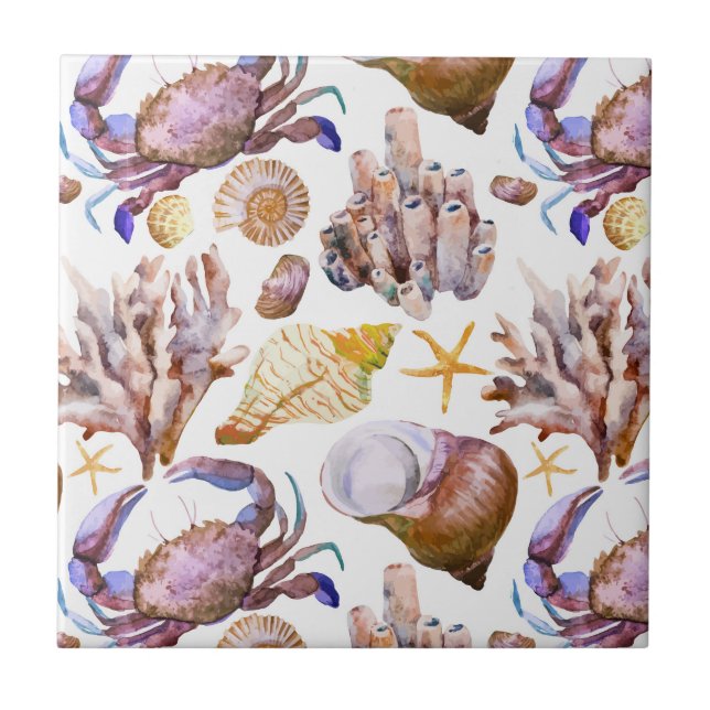 Azulejo Modelo 4 de la vida marina de la acuarela (Frente)