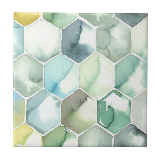 Azulejo Modelo azul y verde de Honycomb de la acuarela (Frente)