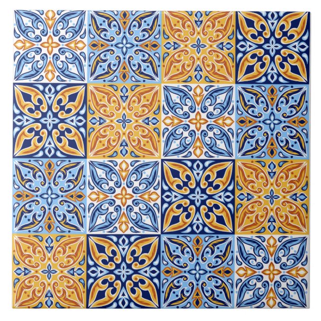 Azulejo Modelo de mosaico rojo azul mediterráneo (Frente)