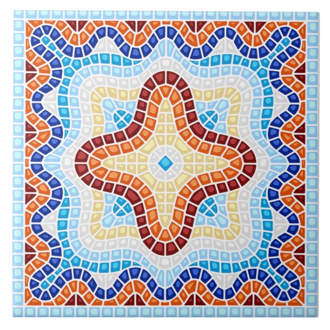 Azulejo Modelo de mosaico rojo azul mediterráneo (Frente)