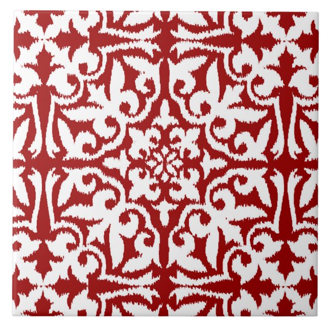 Azulejo Modelo del damasco de Ikat - rojo oscuro y blanco (Frente)