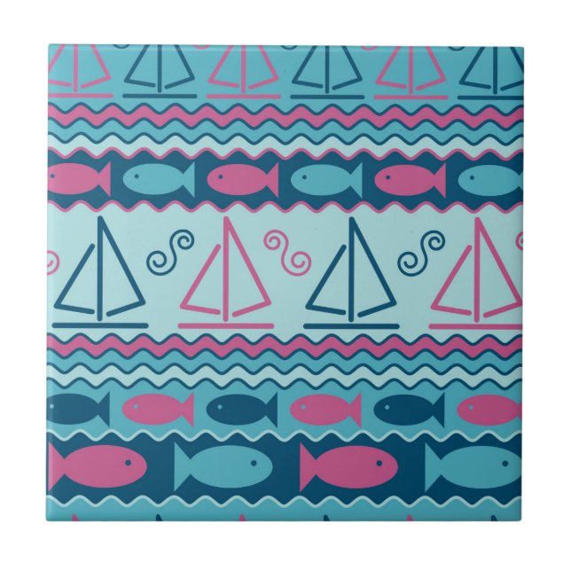 Azulejo Modelo estupendo de los pescados y del velero de (Frente)