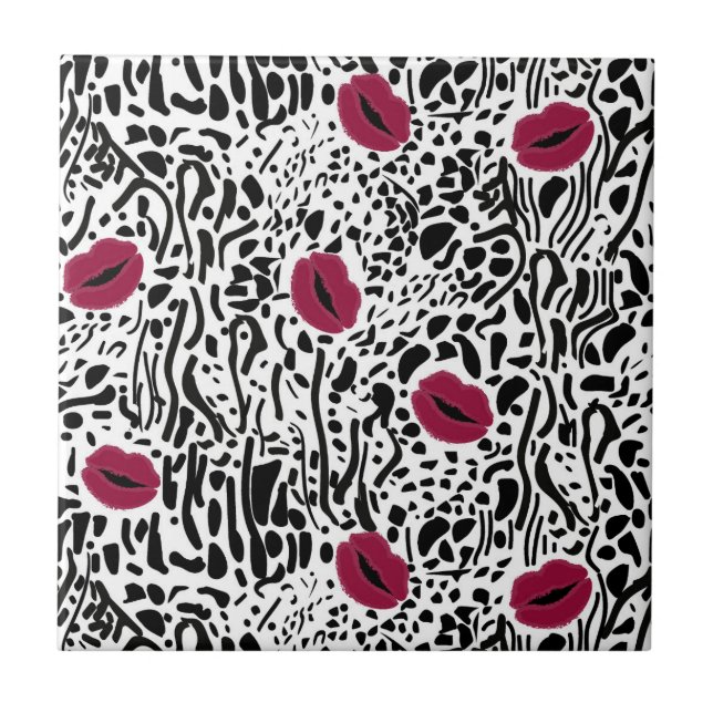 Azulejo Modelo moderno de los labios B&W del lápiz labial (Frente)