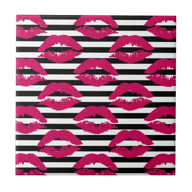 Azulejo Modelo rayado del beso B&W del lápiz labial (Frente)