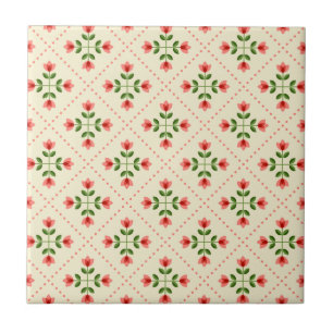 Azulejo Modelo rosado y verde floral del arte popular del