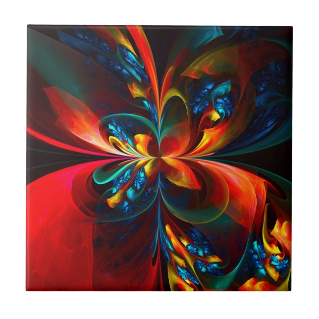 Azulejo Modern Floral Resumen Art Naranja Patrón Azul #14 (Frente)