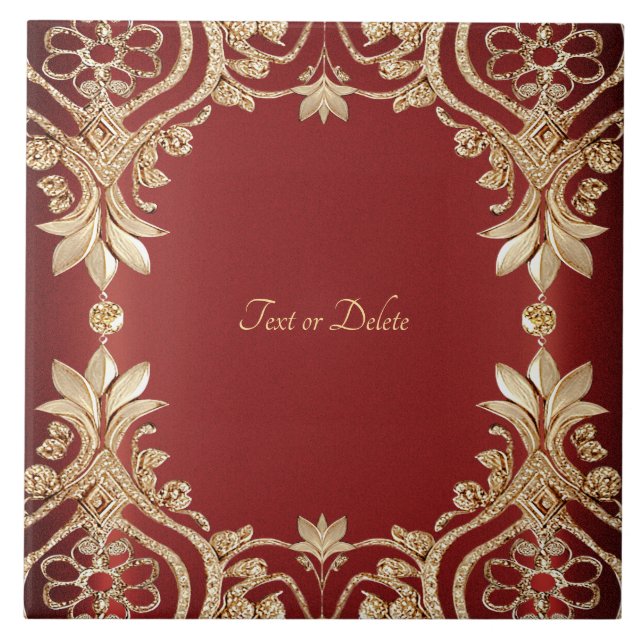 Azulejo Modern Gold Red Floral Ceramic Tile (Frente)