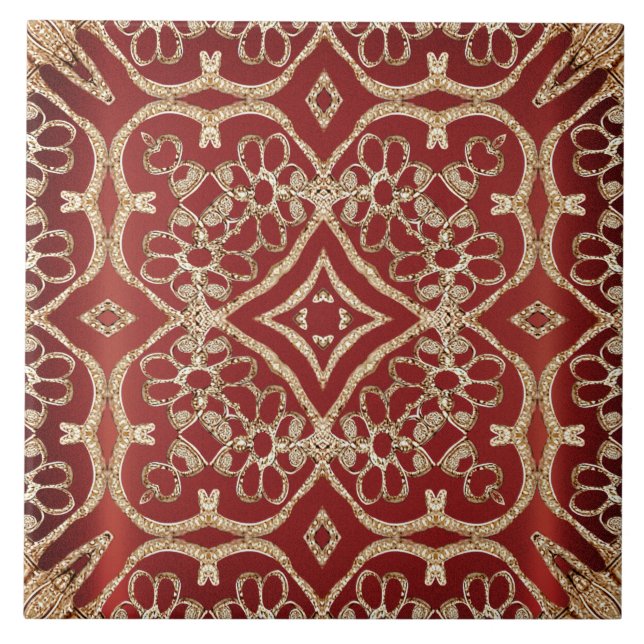 Azulejo Modern Gold Red Floral Ceramic Tile (Frente)