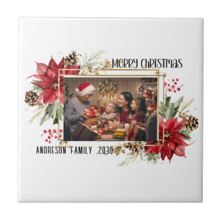 Azulejo Modern golden Frame Floral Merry Christmas Photo