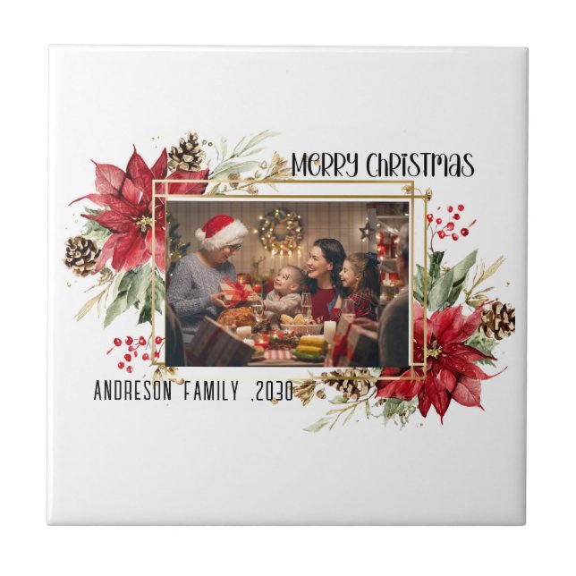 Azulejo Modern golden Frame Floral Merry Christmas Photo (Frente)