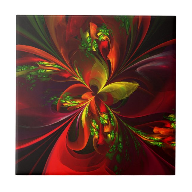 Azulejo Modern Red Green Floral Abstract Art Pattern #05 (Frente)