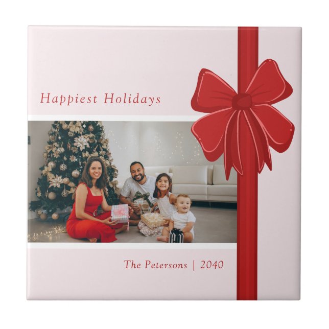 Azulejo Modern Red & Pink Ribbon Bow Wrap Photo Christmas (Frente)