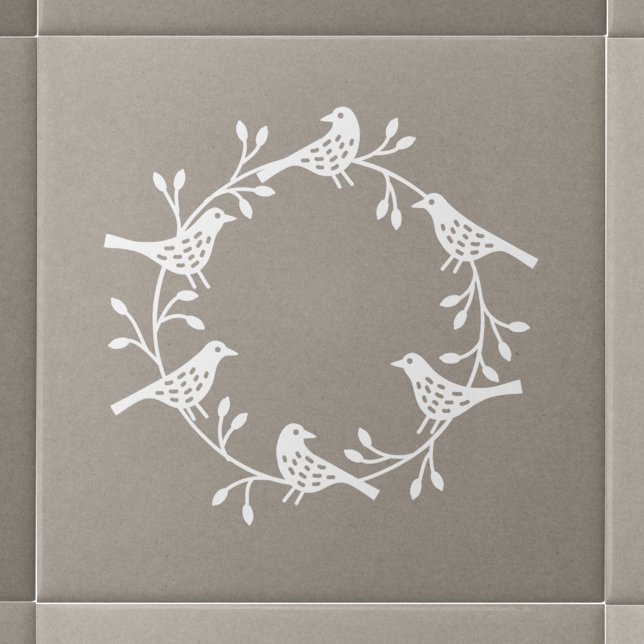 Azulejo Moderna guirnalda escandinava (White Scandinavian bird wreath ceramic tile)