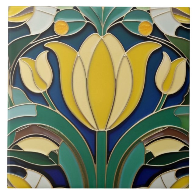 Azulejo Modernismo Art Nouveau Flor de Tulipano Amarillo (Frente)