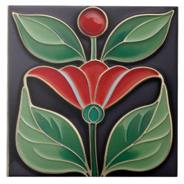 Azulejo Moderno Art Nouveau Faux Relief Flor Negrita Roja