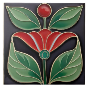 Azulejo Moderno Art Nouveau Faux Relief Flor Negrita Roja
