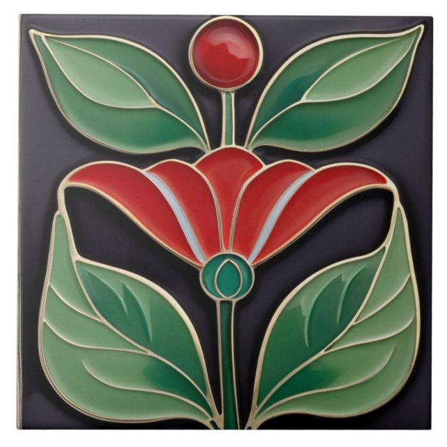 Azulejo Moderno Art Nouveau Faux Relief Flor Negrita Roja (Frente)