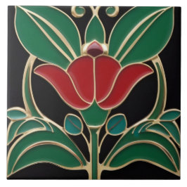 Azulejo Moderno Art Nouveau Negrita Flor Roja Verde Negra