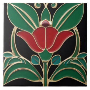Azulejo Moderno Art Nouveau Negrita Flor Roja Verde Negra