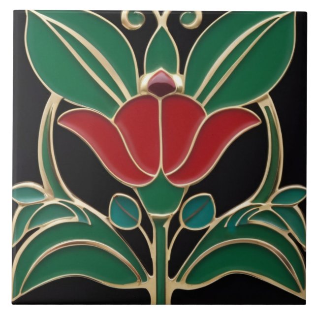 Azulejo Moderno Art Nouveau Negrita Flor Roja Verde Negra (Frente)