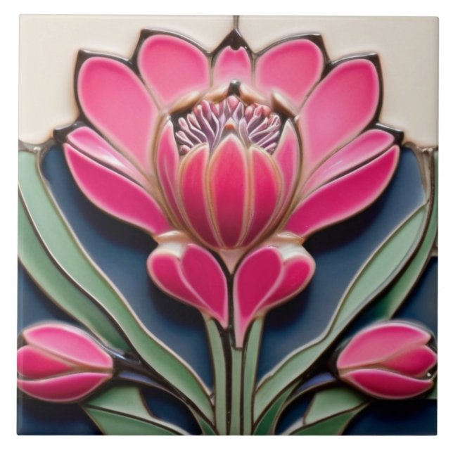 Azulejo Moderno Art Nouveau Protea Flor Hot Pink (Frente)