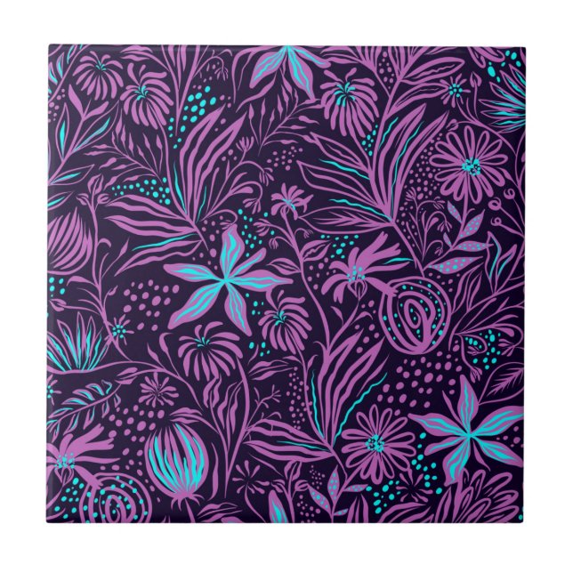 Azulejo Moderno Neon Púrpura Floral Tile cerámico (Frente)