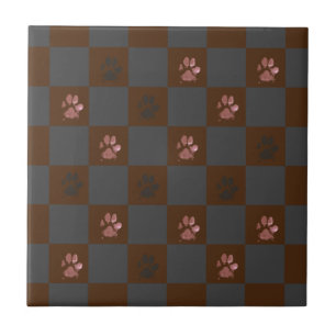 Azulejo Moderno Paw Imprime Checkerboard Borgoña Gris  