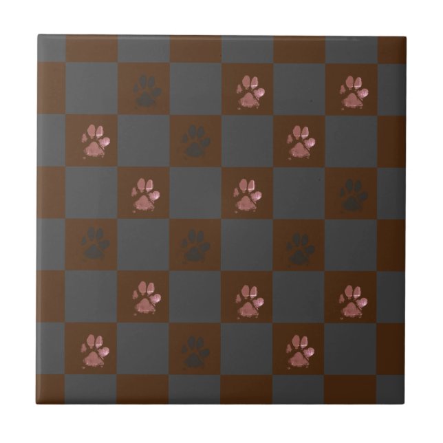 Azulejo Moderno Paw Imprime Checkerboard Borgoña Gris | (Frente)