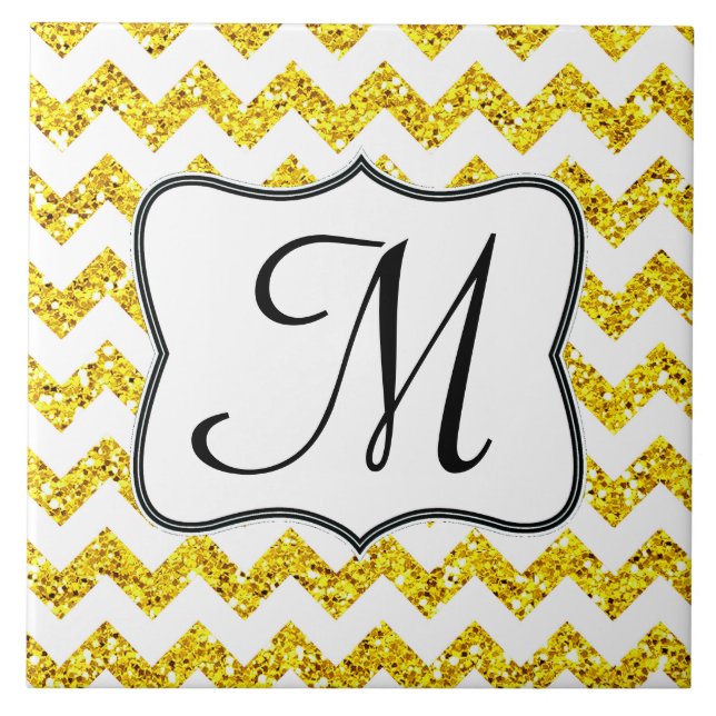 Azulejo Moderno Purpurina Yello Chevron Monograma Tile de  (Frente)