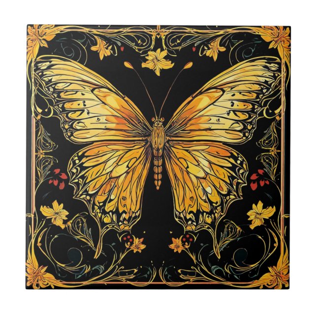 Azulejo Modesto Art Deco Nouveau Mariposa Cerámica Tile (Frente)