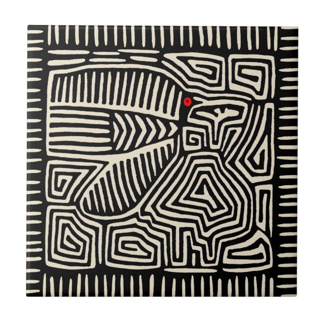 Azulejo Mola Pajaro Indio Kuna de Panamá - Blanco Negro (Frente)