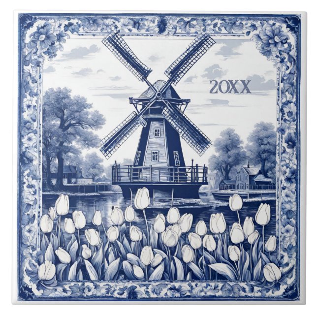 Azulejo Molino de viento azul personalizado Delft Holanda  (Frente)