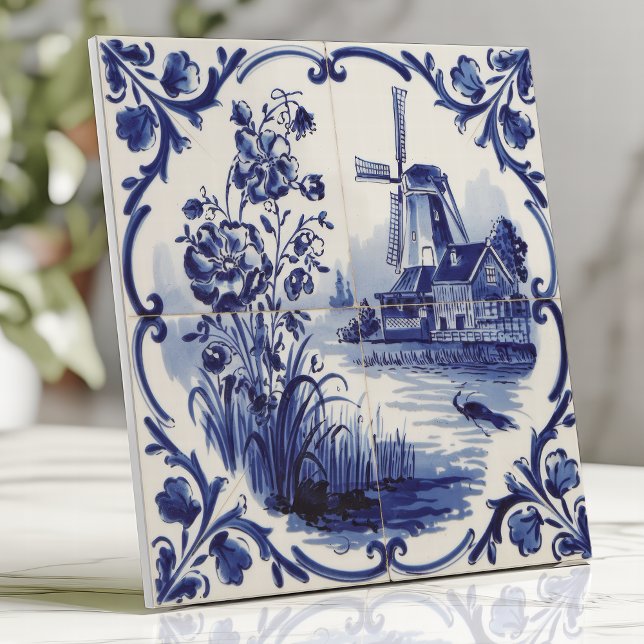 Azulejo Molino de viento y floral tradicional de Delft (Subido por el creador)
