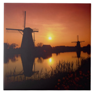 Azulejo Molinos de viento al atardecer, Kinderdijk, Paíse