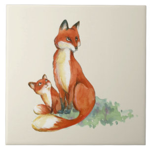 Azulejo Momma Fox y Baby Watercolor Ilustracion