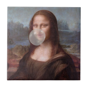 Azulejo Mona Lisa soplando chicle de burbuja gris