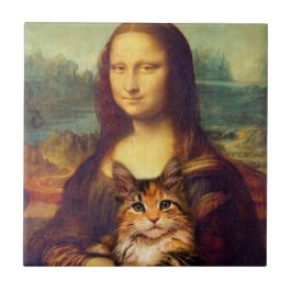 Azulejo Mona Lisa sosteniendo a su gato mascota Leonardo d