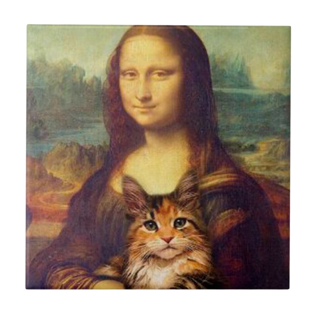 Azulejo Mona Lisa sosteniendo a su gato mascota Leonardo d (Frente)