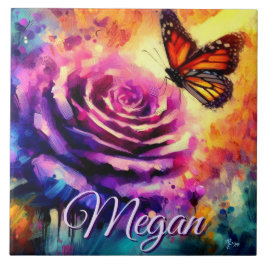 Azulejo Monarch Butterfly on Rose at Sunset Personalized
