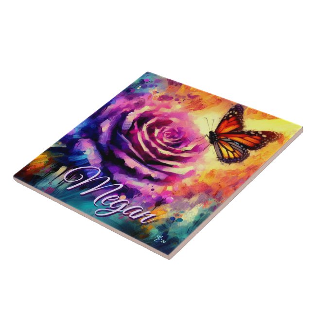 Azulejo Monarch Butterfly on Rose at Sunset Personalized (Lado)