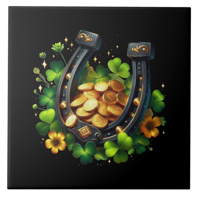 Azulejo Monedas de oro de herradura y trébol afortunados (Frente)